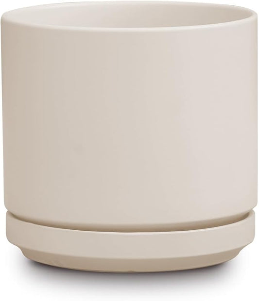 Mid Modern Planter with Detached Saucer (Ivory Clay,12.0" D x 10.5" H)