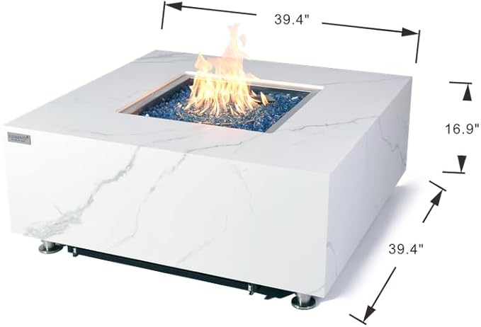 Elementi+ | Bundle Bianco Gas Fire Pit | Marble Porcelain & Metal Frame | 40" Square Fire Table | Electronic Ignition | Canvas Cover, Fire Glass & Burner Lid Included | White | Natural Gas
