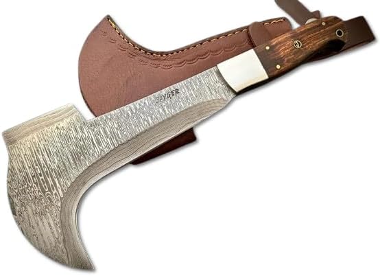 Hand Forged Damascus Steel Machete Billhook Sickle Knife | Yard Work | Machete for Cutting Trees | Brush Clearing Garden Tools | Leather Cover | Belt Loop