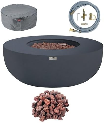 AMS Creations | Eclipse 44" Round Cast Concrete Natural Gas Fire Pit Bowl Table | Dark Gray | Smooth Texture Surface | Electronic Ignition | Outdoor Patio Heater Outside Backyard Fireplace