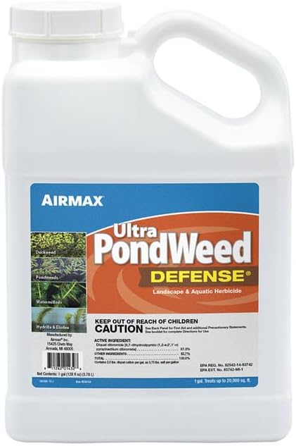 Airmax Ultra Pondweed Defense Aquatic Weed & Plant Killer, Easy Spray Application to Clean & Clear Large Pond & Lake Water, Liquid Treatment Control Concentrate, Fish, Pet & Animal Safe, 1 Gallon