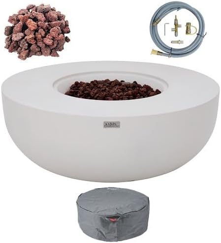 AMS Creations | Eclipse 44" Round Cast Concrete Natural Gas Fire Pit Bowl Table | Cream White | Smooth Texture Surface | Electronic Ignition | Outdoor Patio Heater Outside Backyard Fireplace