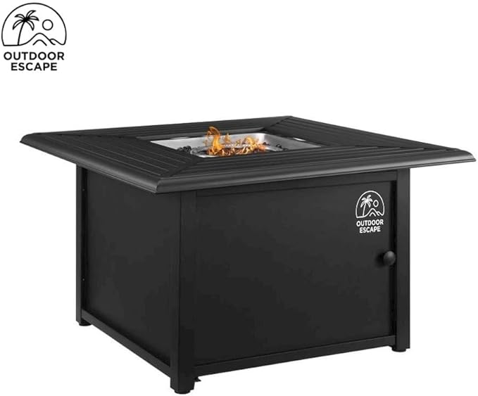 Black Fire Pit Table with Slatted Top and Covers – Propane Backyard Fireplace with Glass Beads and Tank Storage for Patio Furniture Use