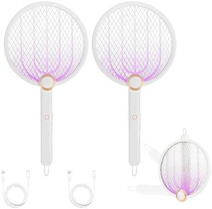 ASPECTEK 2-Pack Upgraded 3000V Electric Fly Swatter, Portable and Foldable Mosquito Zapper Racket, Rechargeable Bug Zapper with Improved Battery Life and USB Charging Cable for Indoor and Outdoor Use