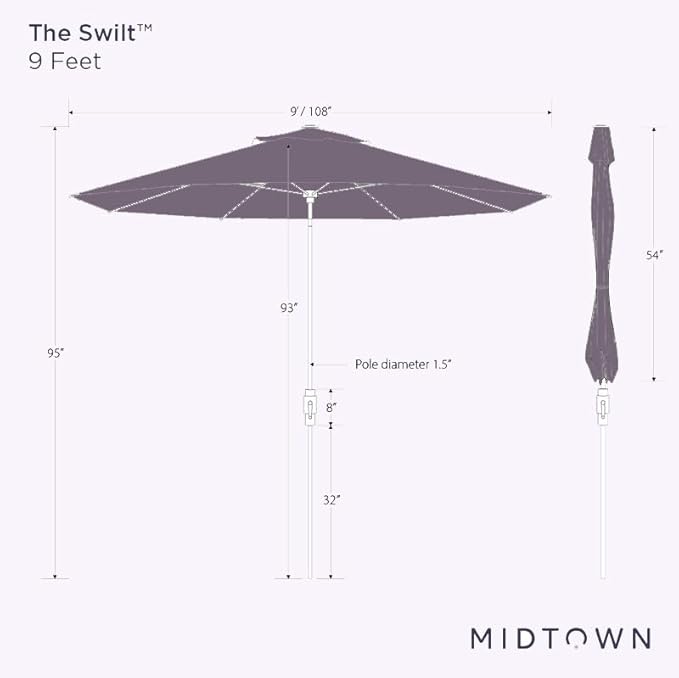 Midtown Umbrellas The Swilt 9 Feet Patio Umbrella in Terylast Ivory (White) Polyester Fabric - Fiberglass Ribs, Auto-Tilt Aluminum Frame For Backyard, Deck, Garden, Pool - White Pole