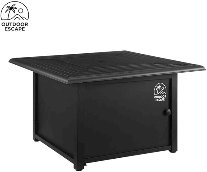 Black Fire Pit Table with Slatted Top and Covers – Propane Backyard Fireplace with Glass Beads and Tank Storage for Patio Furniture Use