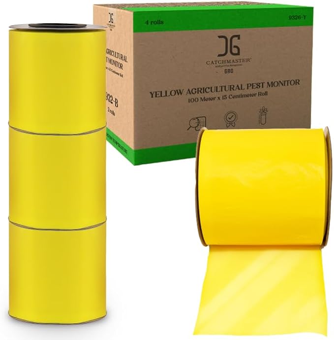 Catchmaster GRO XL AG Roll 4PK, Double Sided Adhesive Fly Tape Strips, Fungus Gnat Sticky Trap for Greenhouse, Garden, Nursery, Pest Control Gardening Supplies, Pet Safe Insect Trap, 328' x 6'' Yellow