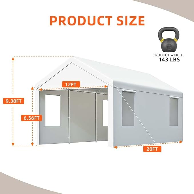 Carport, 12x20 ft White Heavy Duty Carport with Roll-up Windows, Portable Garage with Removable Sidewalls & Doors, Car Canopy and All-Season Tarp for Car Boat Truck Motorcycle