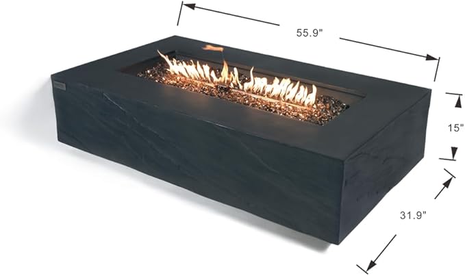 Elementi+ | Bundle Cape Town Gas Fire Pit Cast Concrete 56" Rectangular Fire Table, Outdoor Fire Pit Electronic Ignition | Canvas Cover, Fire Glass and Burner Lid Included | Dark Gray | Natural Gas