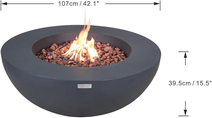 Elementi Lunar Bowl Dark Grey Fire Pit Bundle Includes 42” Propane Concrete Firepit, Glass Windscreen, Stainless Steel Cover, Tank & Canvas Cover, Floor Mat and Beverage Tub