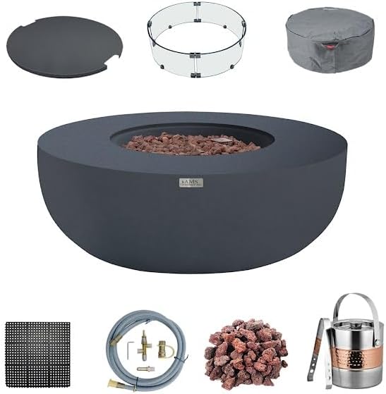 AMS Creations | Eclipse 44" Bundle Round Cast Concrete Natural Gas Fire Pit Bowl Table | Dark Gray | Smooth Texture Surface | Electronic Ignition | Outdoor Patio Heater Outside Backyard Fireplace