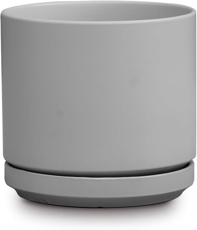 Mid Modern Planter with Detached Saucer (Heather Grey,14.0" D x 12.0" H)