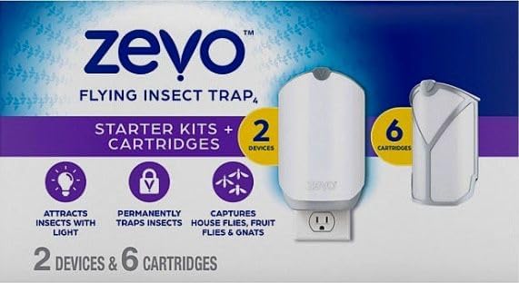 Zevo Plug-in Insect Trap – 2 Devices and 6 Refill Cartridges – Captures Flies, Fruit Flies & Gnats Indoors – Mess-Free Protection