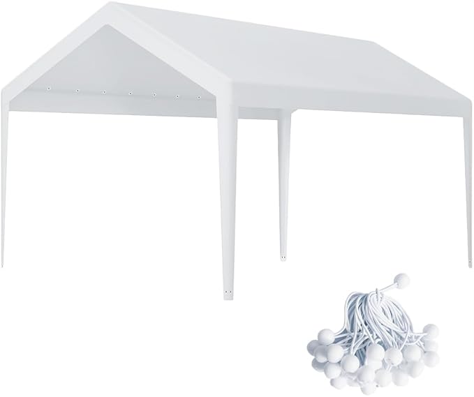 Rutile 12 x 20 FT Carport Replacement Cover, Heavy Duty Car Tarp Canopy Tent Garage Top Shelter Cover with Fabric Leg Pole Skirts and Ball Bungees White (Only Top Cover, Frame is not Included)
