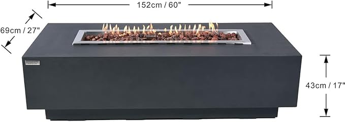 Elementi Granville Gas Fire Pit Cast Concrete Fire Table, Outdoor Fire Pit Electronic Ignition | Canvas Cover, Lava Rock Included | Free AMS Wind Guard | Dark Gray (Propane Gas)
