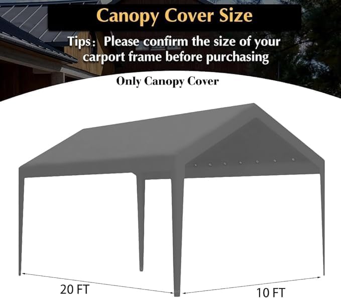 Rutile 10 x 20 FT Carport Replacement Cover - Heavy Duty Car Tarp Canopy Tent Garage Top Shelter With Fabric Leg Pole Skirts and Ball Bungees - Gray (Only Top Cover, Frame Not Included)