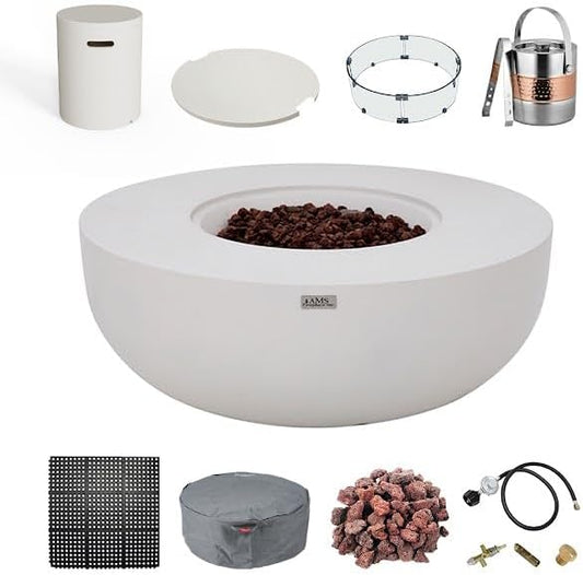 AMS Creations | Eclipse 44" Bundle Round Cast Concrete Propane Gas Fire Pit Bowl Table | Cream White | Smooth Texture Surface | Electronic Ignition | Outdoor Patio Heater Outside Backyard Fireplace