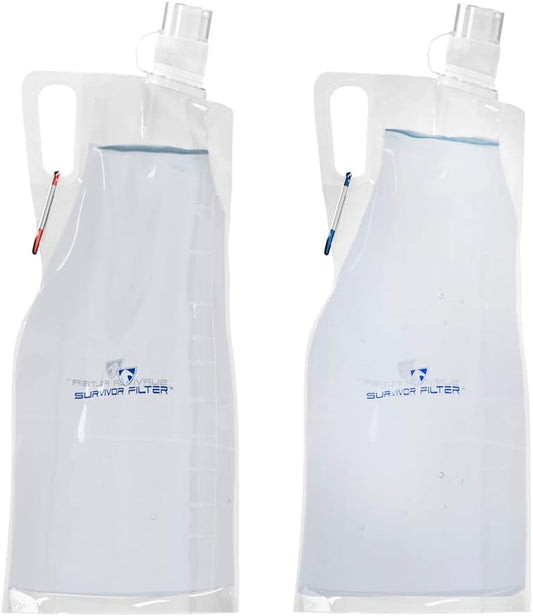 Survivor Filter Collapsible Water Bottles, Canteens (32oz) 2 Pack (2L Total) - Durable Carabiners and Handles. Squeeze Water through a Filter or Use as Water Bottles