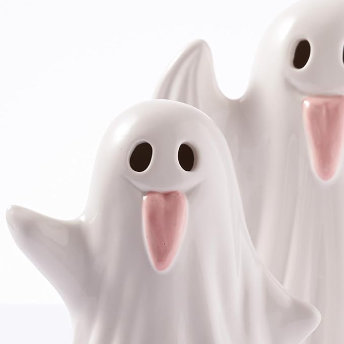 WDS WONDROUS Halloween Decor Ghost Figurines Light Up – White Set of 2 Ghost Figurines with Pink Tongue –Cute Halloween Ceramic Ghost Statues Decorations for Table Indoor(5.51x6.29”and 4.72x5.11”)