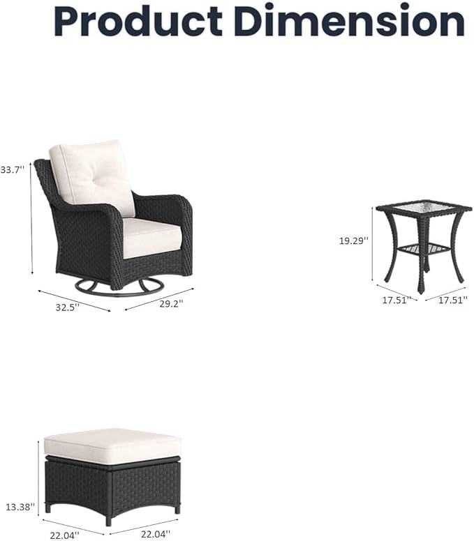 5 Pieces Outdoor Patio Furniture Sets with Rocking Swivel Chairs with 6-inch Thick Cushion and Side Table for Deck Lawn