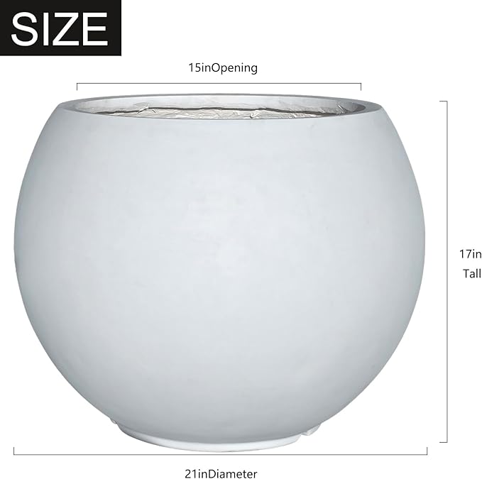 17 H x 21" Dia (15" Pot Opening) Round Fiberstone Planter with Drainage Hole, White, Indoor/Outdoor Large Plant Pot for Home Patio Garden, Ideal for Large Plants