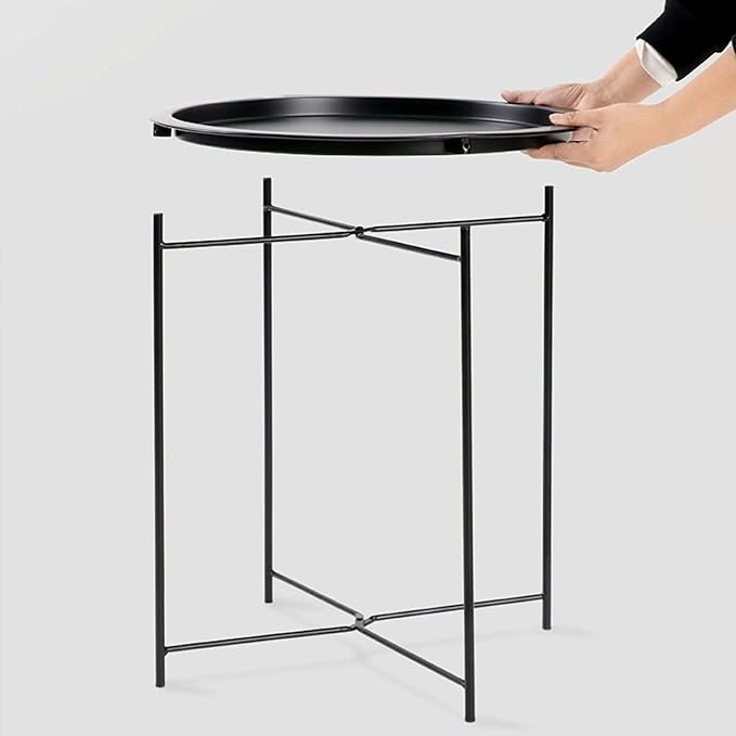 Garden 4 you End Table 2 PCS Metal Side Table Black Round Folding Tray Cyan Sofa Small Accent Fold-able Table, Round End Table Tray, Next to Sofa Table, Snack Table for Living Room and Bed Room