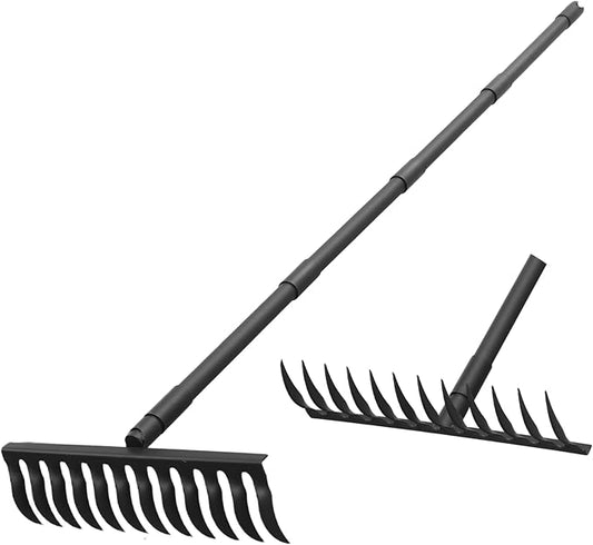 60" Bow Rake 12 Tines Metal Head Rakes with Adjustable Handle, Thatch Rake for Gathering Thatch Loosening Soil Leveling Lawn Farming Land