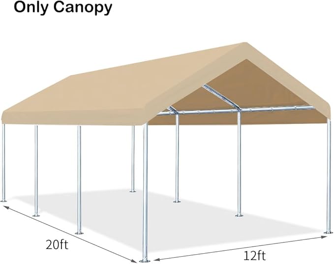 Rutile 12'x20' Carport Canopy ONLY Tent Garage Replacement Top Tarp Car Shelter Cover w/Ball Bungees Beige (Only Top Cover, Frame is not Included)
