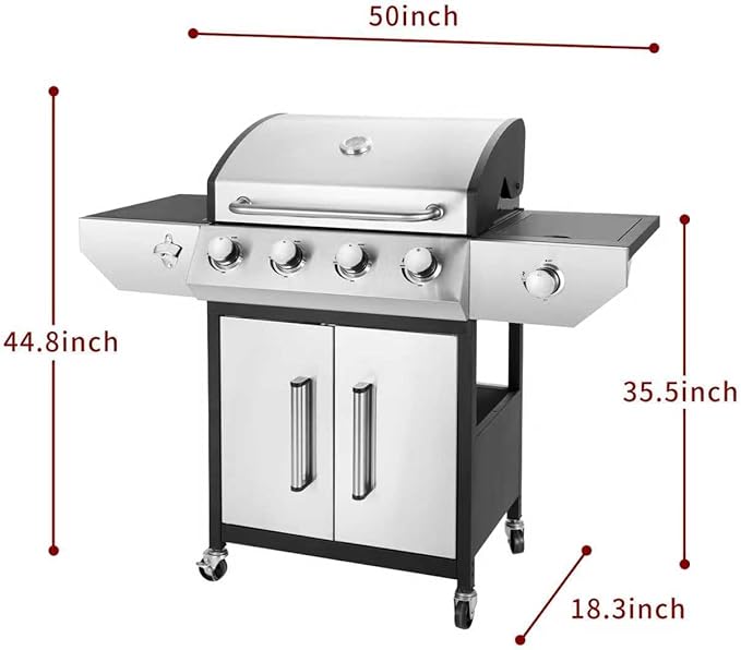 4-Burner Propane Gas BBQ Grill with Side Burner, 53,000 BTU Output with Enameled Cast Iron Grates for Patio Garden Barbecue, Stainless Steel