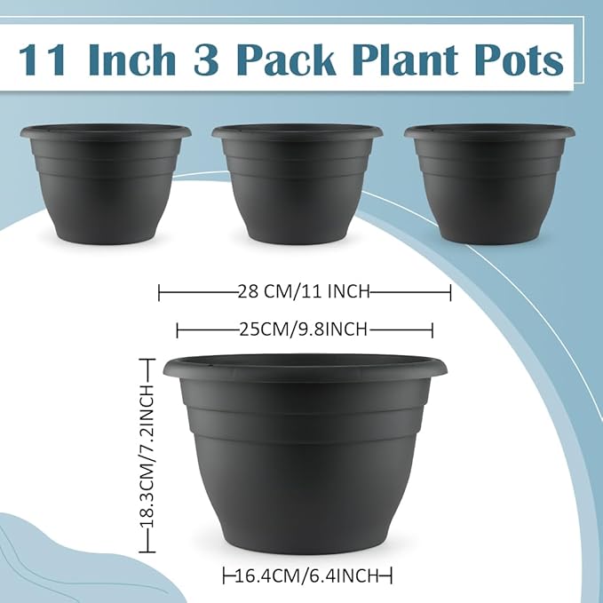 3 Pack 11 Inch Plant Pots with Drainage Hole and Plug, Durable Plastic Flower Pots for Indoor & Outdoor Plants, Elegant Mordern Plant Pots Perfect for Herbs, Flowers & Succulents, Gray