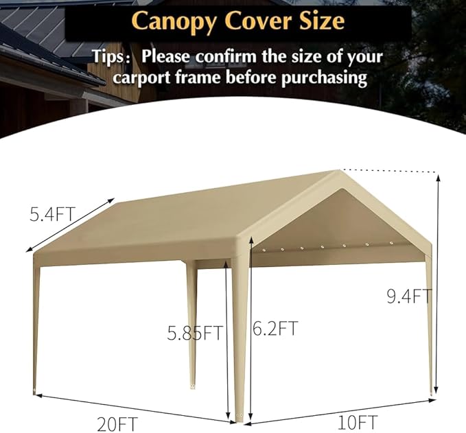 Rutile 10 x 20 FT Carport Replacement Cover, Heavy Duty Car Tarp Canopy Tent Garage Top Shelter Cover with Fabric Leg Pole Skirts and Ball Bungees Beige (Only Top Cover, Frame is not Included)