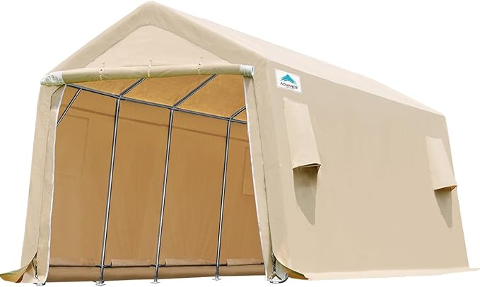 ADVANCE OUTDOOR Heavy Duty 10X20 ft Carport Outdoor Patio Portable Canopy Storage Shelter Shed with 2 Rolled up Zipper Doors & Vents for Snowmobile Garden Tools, Beige