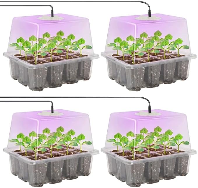 MIXC Seed Starter Kit with Grow Light, Elevated Seedling Tray Kit with Adjustable Humidity Dome and Clear Cell Tray, 12 Full Spectrum Led Beads for Seed Starting Greenhouse, 4 Pack, Transparent