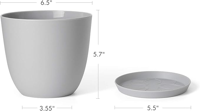 Mkono 6.5" Plastic Plant Pots for Plants with Saucers, Indoor Set of 5 Plastic Planters Modern Flower Pot with Drainage Hole for All House Plants, Herbs, Flowers, and Seeding Nursery, Gray