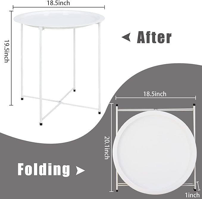 Garden 4 you End Table Metal Side Table Round Folding Tray Cyan Sofa Small Accent Fold-able Table, Round End Table Tray, Next to Sofa Table, Snack Table for Living Room and Bed Room,White
