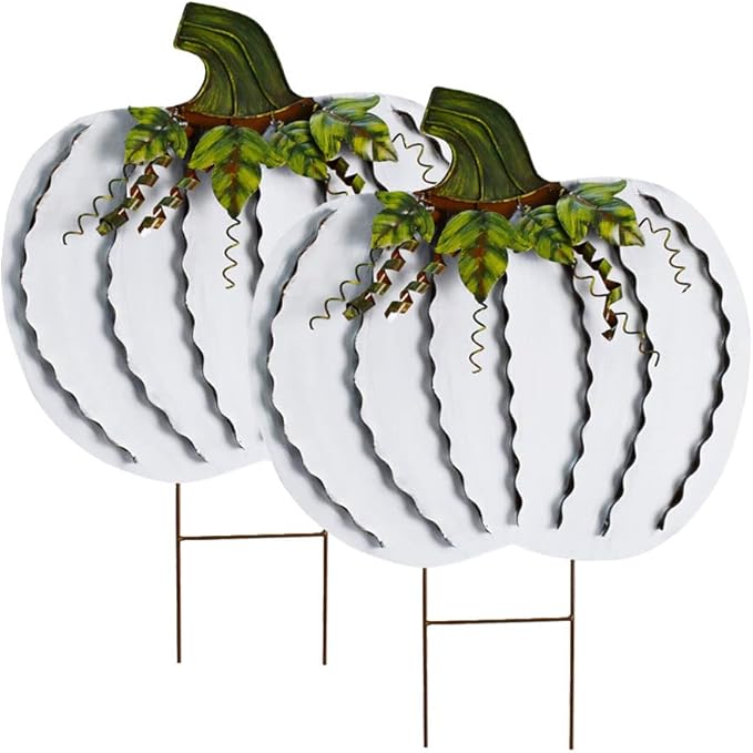 Morning View Pumpkin Garden Stakes Metal Yard Sign Fall Decor Outdoor Autumn Yard Stake Art Pumpkin Lawn Ornaments for Patio Porch Thanksgiving Halloween Harvest 30 Inches Tall Set of 2(White)