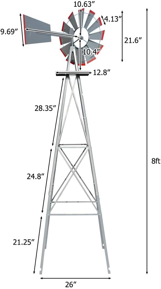 VINGLI 8FT Ornamental Windmill Backyard Garden Decoration Weather Vane, Heavy Duty Metal Wind Mill w/ 4 Legs Design (Grey, 8, Feet, 21.6, Inches, 8.00, Feet, 25.98, Inches, 25.98, Inches)
