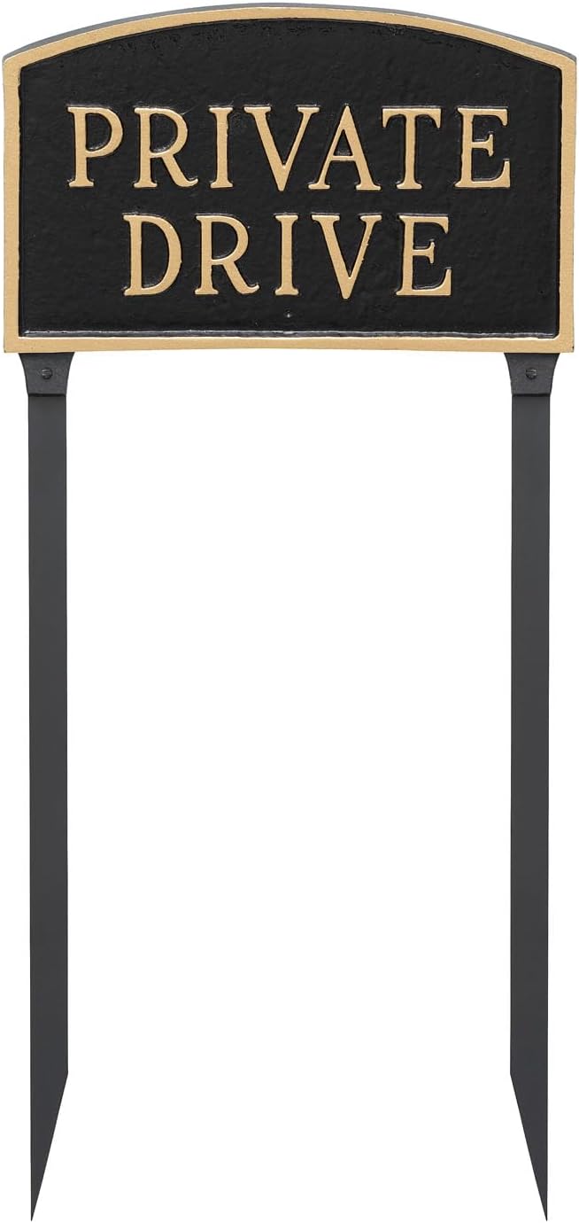 Montague Metal Products SP-12S-BG-LS Standard Black and Gold Private Drive Arch Statement Plaque with 2 23-Inch Lawn Stakes