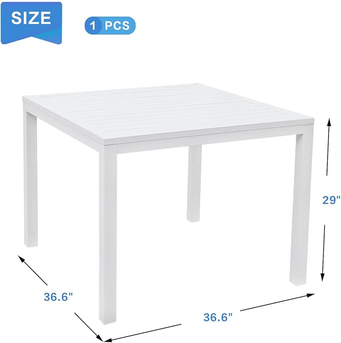 36 Inch Aluminum Outdoor Dining Table - Square Patio Table for 4-Person, Weather-Resistant Dining Table Furniture for Lawn Backyard Garden Deck Kitchen Indoor Outdoor Use (White)