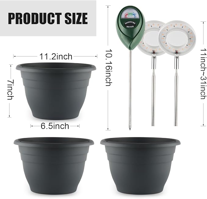 11 Inch Plant Pots with 2 x LED Grow Lights for Indoor Plants and 1 x Soil Moisture Meter - Complete Indoor Plant Care Set, 2 Pack Flower Pots with Drainage Holes and Plug, Gray