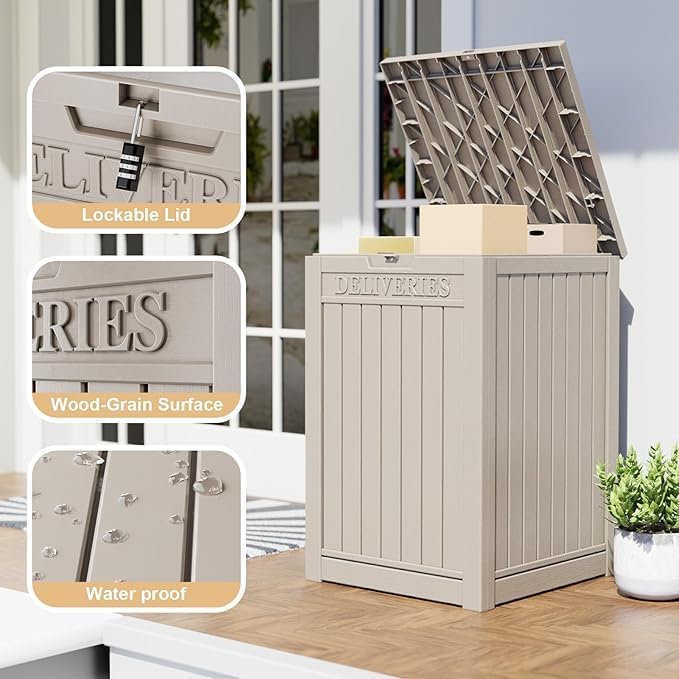 48 Gallon Resin Package Delivery Box - Rust & Moisture Resistant, Lockable, Waterproof Deck Box for Porches, Patios, Indoor & Outdoor Use（Grey，48GAL）