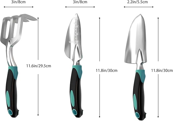 Garden Tool Set, Garden Trowel and Rake, Heavy Duty 3 Piece Gardening Tools, Non-Slip Rubber Grip, Outdoor Hand Tools, Essential Tool Set for Gardening Gifts for Mother Father Men Women Gardeners