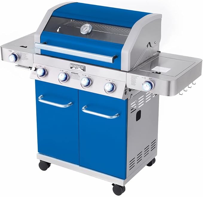 Monument Grills Larger 4+2 Burner Propane Gas Grills Stainless Steel Cabinet Style with Clearview® Lid, Knob Controls, Built-In Thermometer, Infrared Side Sear Burners & Side Burners, Blue