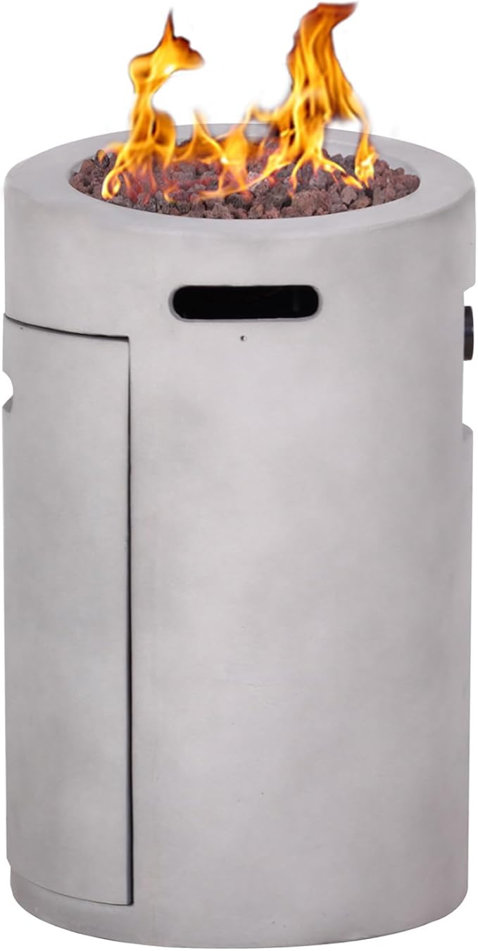 16 Inches Outdoor Round Propane Fire Pit 30,000 Btu with Lava Rocks and Weather Cover TerraFab Faux Concrete, 16” x 16” x 25”, Grey