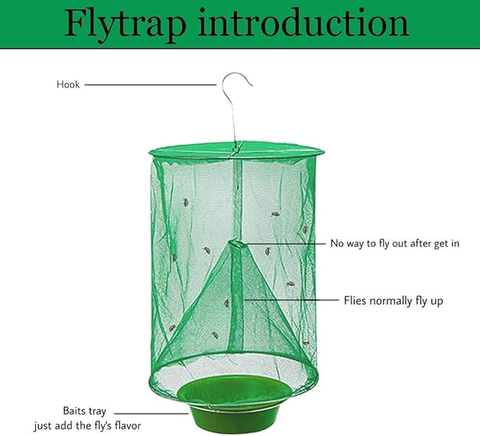 Ranch Fly Trap Outdoor Hanging Reusable with Fishing Apparatus | Food Bait Tray Catcher Cage for Indoor or Outdoor Family Farms, Park (8 Pack)