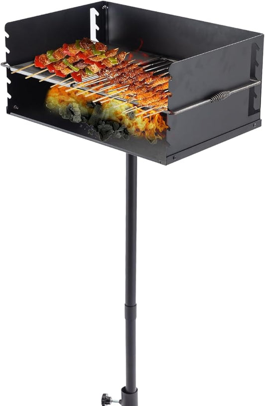 Park-Style Charcoal Grill Heavy Duty Steel Outdoor BBQ Grill with Grate and Single Post Outdoor Cooking Backyard Barbecues Camp Grilling 16x16x8 Inch