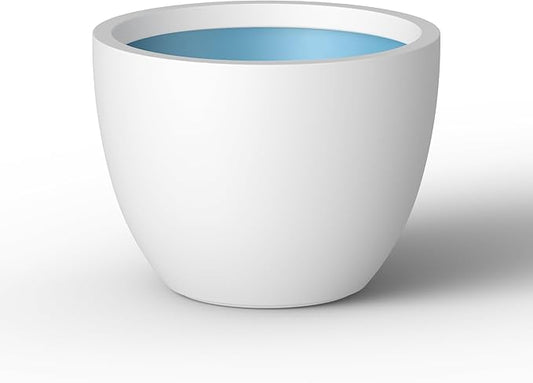 Kante 14.2 Inch Round Concrete Planter - Classic Large Indoor/Outdoor Plant Pot with Drainage Hole and Rubber Plug, Suitable for Gardens and Patios, White Finish with Aqua Blue Interior
