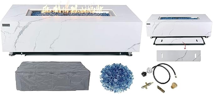 Elementi+ | Carrara Gas Fire Pit | Marble Porcelain & Metal Frame | 60" Rectangular Fire Table | Electronic Ignition | Canvas Cover, Fire Glass & Burner Lid Included | White | Natural Gas