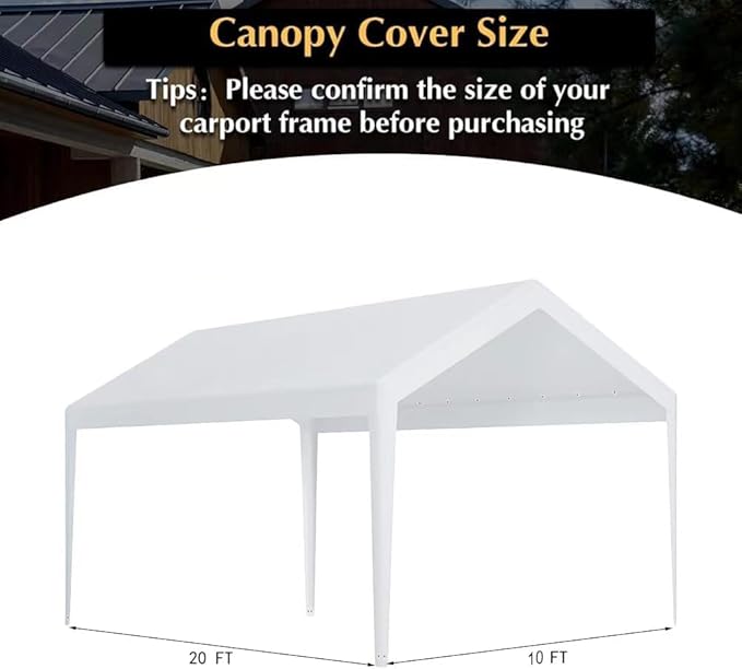 Rutile 10 x 20 FT Carport Replacement Cover, Heavy Duty Car Tarp Canopy Tent Garage Top Shelter With Fabric Leg Pole Skirts and Ball Bungees - White (Only Top Cover, Frame Not Included)