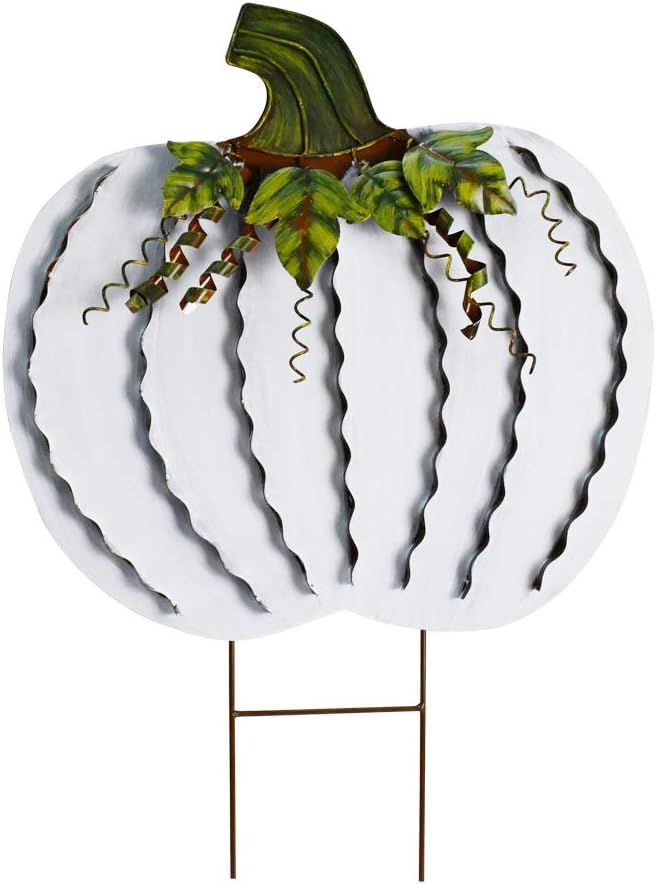 Morning View Pumpkin Garden Stakes Metal Yard Sign Fall Decor Outdoor Autumn Yard Stake Art Pumpkin Lawn Ornaments for Patio Porch Thanksgiving Halloween Harvest 30 Inches Tall(White)